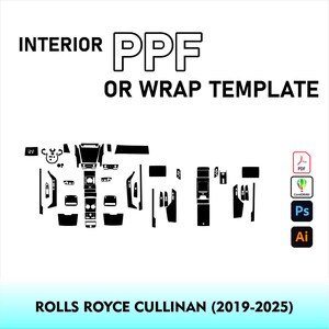 May include: A digital interior PPF or wrap template for a Rolls Royce Cullinan (2019-2025) featuring black cut-out shapes for vehicle interior panels. The image includes text reading INTERIOR PPF OR WRAP TEMPLATE and icons for PDF, CorelDRAW, Photoshop, and Illustrator.