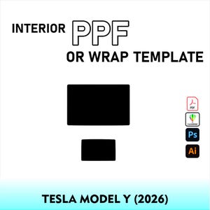Könnte beinhalten: Eine digitale Innenraum-PPF- oder Folienvorlage für ein 2026 Tesla Model Y mit zwei schwarzen rechteckigen Formen, die Fahrzeugkomponenten darstellen. Das Bild enthält den Text INTERIOR PPF OR WRAP TEMPLATE und TESLA MODEL Y (2026).