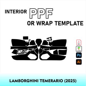 Puede incluir: Una plantilla digital para PPF interior o vinilado para un Lamborghini Temerario 2025. El gráfico muestra formas negras recortadas que representan los paneles interiores del vehículo, con iconos de formato PDF, CorelDRAW, Photoshop e Illustrator.
