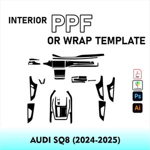 May include: A black digital interior PPF or wrap template for an Audi SQ8 2024-2025, featuring various precision-cut shapes for vehicle dashboard and console components, with file format icons for PDF, CorelDRAW, Photoshop, and Illustrator included.