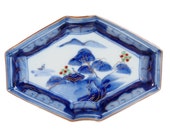 Antique Japanese Plate. Japanese Porcelain. Imari. Blue and White. Mountains. Trees. Sometsuke. Japanese Antique. Pottery. Clouds. Flowers.