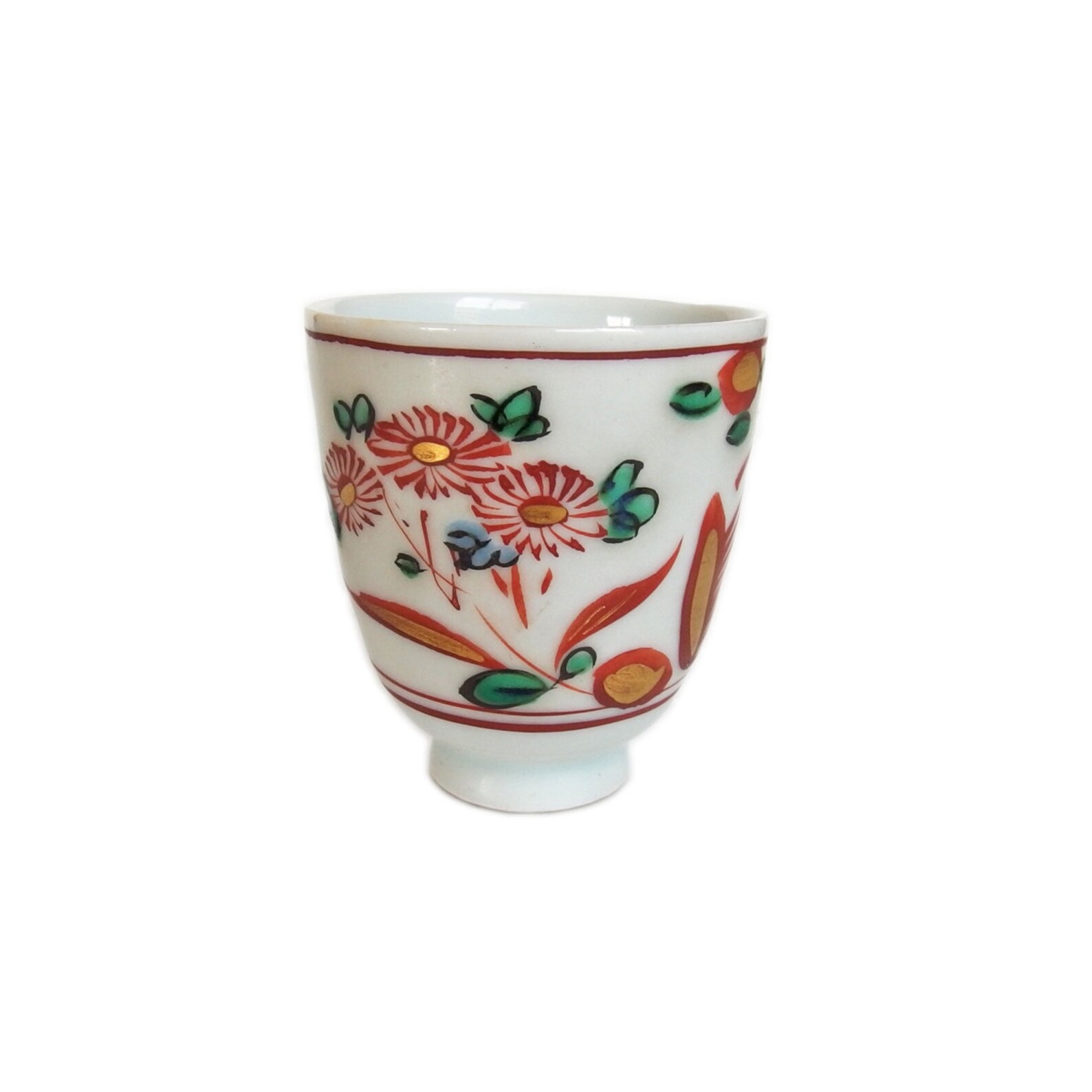 Antique Japanese Saké Cup. Japanese Kutani Porcelain With Flowers and