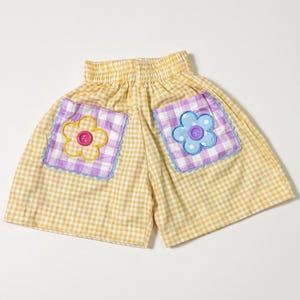 Cottagecore Shorts, Yellow Gingham Cotton with Floral Applique Pockets