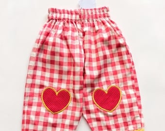 Red Gingham Toddler Pants with Heart Pockets |  Timeless Vintage Style Girl Trousers, Summer Kids Pants
