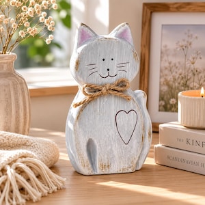 Statuetta di gatto in ceramica fatta a mano, regalo con confezione regalo, graziosa decorazione rustica a forma di gatto, regalo per amanti dei gatti, statua di gatto in ceramica fatta a mano, accogliente mensola in stile rustico