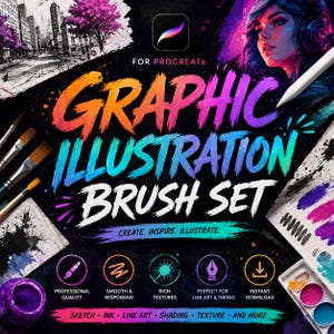 May include: A digital graphic illustration brush set for Procreate featuring vibrant text that reads GRAPHIC ILLUSTRATION BRUSH SET, FOR PROCREATE, CREATE. INSPIRE. ILLUSTRATE., and SKETCH, INK, LINE ART, SHADING, TEXTURE, AND MORE on a black background.
