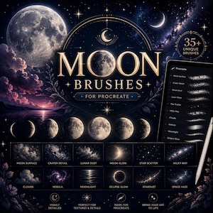 Moon Procreate-penslar | 32 mån- och halvmånestämpelpenslar för Procreate | Digital konst med himlakroppen | Galax, rymden, natthimmel