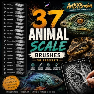 Op de afbeelding: Een digitale penseelset voor Procreate genaamd 37 Animal Scale Brushes, met een lijst van 17 schubtypes waaronder reptiel, slang, hagedis en draak. De afbeelding toont een groen hagedisoog, een slang, een vis en een tablet met een schubtekening.