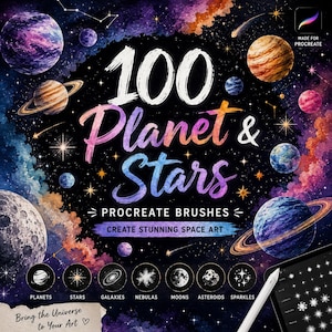 Könnte beinhalten: Ein digitales Kunstset mit dem Titel 100 Planet & Stars Procreate Brushes, das einen dunklen Weltraumhintergrund mit bunten Planeten, Sternen und Nebeln zeigt. Der Text lautet 100 Planet & Stars, Procreate Brushes, Create Stunning Space Art und Bring the Universe to Your Art.