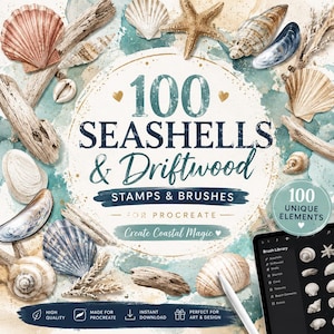Puede incluir: Una colección digital de 100 sellos y pinceles de conchas marinas y madera flotante para Procreate. El diseño presenta varias ilustraciones realistas de conchas, trozos de madera flotante y una tableta con un menú de pinceles.