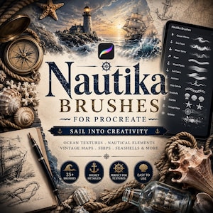 Puede incluir: Un conjunto de pinceles digitales para Procreate titulado Nautika Brushes con imágenes náuticas que incluyen un faro, un velero, una brújula, conchas y cuerda. La pantalla muestra una interfaz de tableta con iconos de pinceles.
