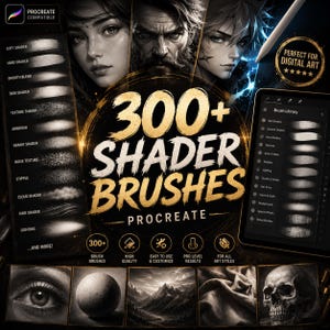 Può includere: Un set di pennelli per arte digitale per Procreate con oltre 300 pennelli shader. Il display include un elenco di tipi di pennelli come soft shader, hard shader e texture shader, insieme a uno schermo di tablet con un menu di libreria pennelli.
