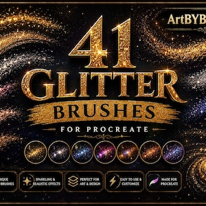 Könnte beinhalten: Eine digitale Grafik mit dem Text 41 GLITTER BRUSHES FOR PROCREATE in goldener Schrift auf dunklem Hintergrund. Wirbel aus goldenem, silbernem, blauem und violettem Glitzer umgeben den Text, wobei rechts ein Eingabestift zu sehen ist.