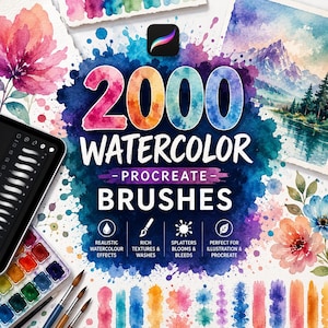 May include: A digital product display featuring the text 2000 WATERCOLOR PROCREATE BRUSHES over a vibrant watercolor splash background. Includes a tablet showing brush strokes, a paint palette, brushes, and watercolor floral and landscape art.