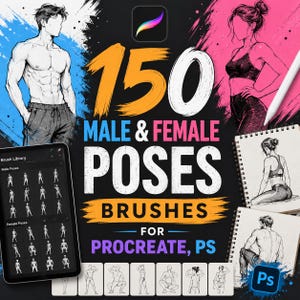 Op de afbeelding: Een digitale kunstbronset met 150 penselen voor mannelijke en vrouwelijke poses voor Procreate en Photoshop. De afbeelding toont schetsen van figuren, een tabletscherm met een penseelbibliotheek en de tekst 150 MALE & FEMALE POSES BRUSHES.