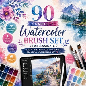 May include: A digital art set featuring 90 complete watercolor brushes for Procreate. The graphic includes a tablet displaying a coastal landscape, a physical watercolor paint palette, three paintbrushes, and text detailing the brush set features.