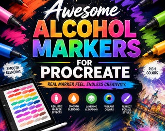 May include: A digital product advertisement for alcohol marker brushes for Procreate, featuring the text Awesome ALCOHOL MARKERS FOR PROCREATE, colorful marker strokes, a tablet displaying a color palette, and icons for blending and layering.