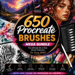 May include: A digital product advertisement for 650 Procreate Brushes Mega Bundle. The graphic features a central black circle with gold text, surrounded by various artistic examples including landscapes, portraits, and sketches. A stylus is visible.