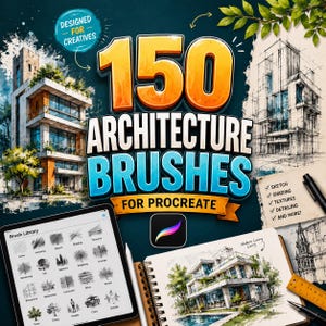 Puede incluir: Un conjunto de productos digitales titulado 150 Architecture Brushes for Procreate, que incluye una tableta con una biblioteca de pinceles, un cuaderno de bocetos con dibujos arquitectónicos y texto que incluye Designed for Creatives, Sketch, Shading, Textures y Detailing.
