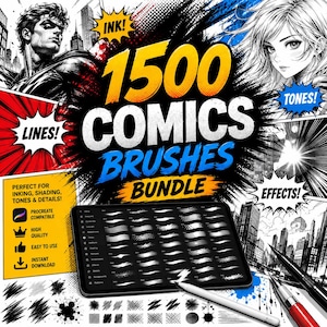 Pode incluir: Um pacote digital de 1500 pincéis de banda desenhada para Procreate, com um tablet que mostra predefinições, uma caneta stylus e ilustrações. O texto inclui 1500 COMICS BRUSHES BUNDLE, INK, LINES, TONES, EFFECTS e listas de características.