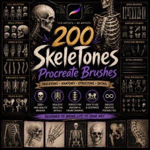 May include: A digital product display for 200 Skeletones Procreate Brushes featuring anatomical illustrations of skulls, skeletons, and bones. The black background includes gold and purple text, with various bone stamps, structure brushes, and pose references showcased in organized panels.