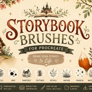 Op de afbeelding: Een digitale productweergave getiteld STORYBOOK BRUSHES FOR PROCREATE met een illustratie van een huisje, een vos en een open boek met een kasteel. Het bevat acht ronde iconen met penseelstreken, tekstlabels en een styluspen.