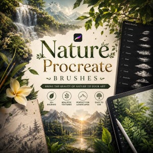 May include: A digital art set titled Nature Procreate Brushes featuring a list of brush types including leaves, foliage, tree bark, grass, flowers, water, rocks, clouds, mountains, and textures, displayed on a tablet screen with a stylus.