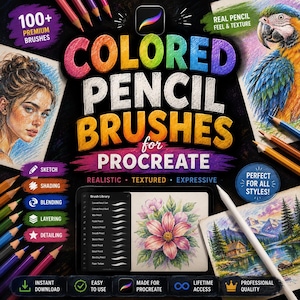 May include: A digital product advertisement for Procreate colored pencil brushes featuring the text Colored Pencil Brushes for Procreate. The image displays various pencil drawings of a person, a parrot, a flower, and a landscape alongside colored pencils.