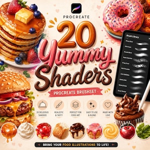 May include: A digital Procreate brush set titled 20 Yummy Shaders featuring illustrations of pancakes, a donut, a burger, and a cupcake. The image displays a brush library menu, icons for food art tools, and various food texture samples.