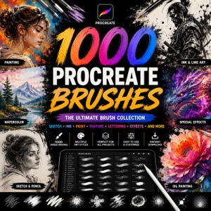 Op de afbeelding: Een digitale collectie van 1000 Procreate-penselen met een zwarte achtergrond, gekleurde tekst en diverse artistieke voorbeelden zoals portretten, landschappen, inkttekeningen, draken en bloemen, inclusief een tablet-interface.