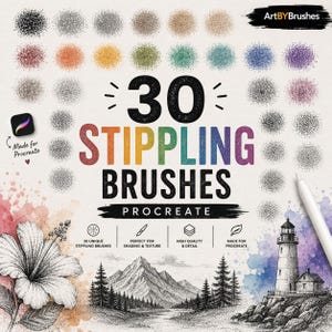 以下が含まれることがあります： Procreate用の30種類のスティップリングブラシのデジタルセット。色とりどりのドットパターンの見本、白いスタイラスペン、ハイビスカスの花、山の風景、灯台などのイラスト例が含まれています。