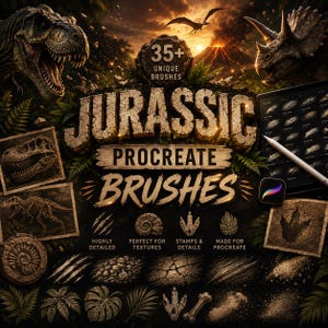 Puede incluir: Un conjunto de recursos digitales titulado Jurassic Procreate Brushes con más de 35 pinceles únicos. La imagen muestra ilustraciones de dinosaurios, fósiles, huellas y texturas de follaje junto a una tableta con un lápiz óptico y el icono de Procreate.