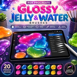 May include: A digital tablet displaying a Procreate brush set titled Glossy Jelly & Water Brushes. The screen shows colorful, shiny, blob-like shapes and a brush library menu. Below, a preview panel displays twenty distinct brush stroke samples.