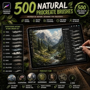 Può includere: Un set digitale di 500 pennelli naturali per Procreate. L'immagine mostra lo schermo di un tablet con un'illustrazione di un paesaggio montano e un menu della libreria di pennelli. Il testo include 500 NATURAL PROCREATE BRUSHES e categorie come alberi, foglie, fiori, erba, rocce, acqua, nuvole, montagne, corteccia, terra e sporco.