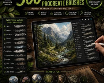 May include: A digital product display featuring 500 natural Procreate brushes. The image shows a tablet screen displaying a mountain landscape illustration and a brush library menu. Text includes 500 NATURAL PROCREATE BRUSHES and a list of brush categories like trees, leaves, flowers, grass, rocks, water, clouds, mountains, bark, soil, and dirt.