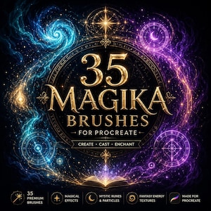 May include: A digital graphic featuring the text 35 MAGIKA BRUSHES FOR PROCREATE, CREATE CAST ENCHANT, surrounded by swirling blue and purple cosmic energy, glowing celestial symbols, and an open book emitting light at the bottom center.