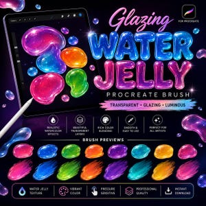 May include: A digital product display for a Glazing Water Jelly Procreate brush set. The image features colorful, translucent, jelly-like blobs in pink, blue, orange, and green, with text overlays including the title and brush preview swatches.