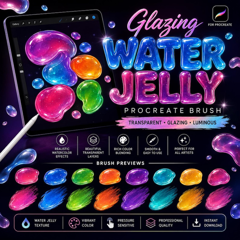 May include: A digital product display for a Glazing Water Jelly Procreate brush set. The image features colorful, translucent, jelly-like blobs in pink, blue, orange, and green, with text overlays including the title and brush preview swatches.