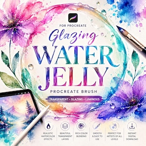 May include: A digital graphic for a Procreate brush set titled Glazing Water Jelly. The design features vibrant watercolor flowers in pink, purple, and blue, a paintbrush, and a tablet displaying a landscape. Text includes Transparent, Glazing, Luminous.