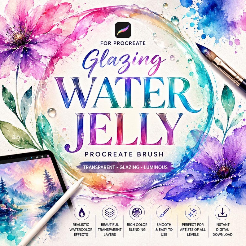 May include: A digital graphic for a Procreate brush set titled Glazing Water Jelly. The design features vibrant watercolor flowers in pink, purple, and blue, a paintbrush, and a tablet displaying a landscape. Text includes Transparent, Glazing, Luminous.