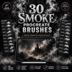 Peut inclure: Un ensemble de téléchargement numérique de 30 pinceaux de fumée Procreate avec le texte 30 SMOKE PROCREATE BRUSHES. L'image montre une tablette affichant un château entouré d'effets de fumée, encadré par deux listes de noms de pinceaux.
