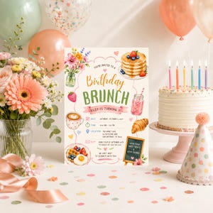 May include: A rectangular birthday brunch invitation card featuring watercolour illustrations of pancakes, a croissant, coffee, waffles, and a flower bouquet. The text reads: You're invited to a Birthday Brunch, Riley is turning 7, and event details.