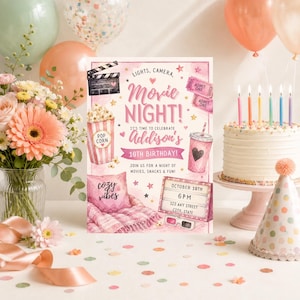 May include: A rectangular movie night birthday invitation card featuring pink text that reads LIGHTS, CAMERA, MOVIE NIGHT! IT'S TIME TO CELEBRATE Addison's 10TH BIRTHDAY! with illustrations of a clapperboard, popcorn, tickets, and a cinema sign.