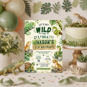May include: A rectangular birthday invitation card featuring watercolour illustrations of a chameleon, snakes, a tortoise, and a gecko. The text reads: LET'S GET WILD IT'S TIME TO CELEBRATE! JAXSON'S 5TH BIRTHDAY! SATURDAY AUGUST 16 FROM 2:00 PM TO 5:00 PM.