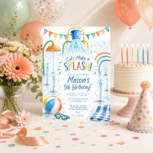 Peut inclure: Une carte d'invitation d'anniversaire illustrée à l'aquarelle avec un seau basculant, des jets d'eau et un ballon de plage. Le texte indique : Lets Make a SPLASH! JOIN US TO CELEBRATE MASON'S 5TH BIRTHDAY! SATURDAY, AUGUST 16TH 10:00 AM - 12:00 PM SUNSHINE SPLASH PAD 123 RIVERBEND DRIVE SAN ANTONIO, TX Bring your swimsuit, towel and get ready for some splash pad fun! RSVP TO AMANDA 210.555.1212