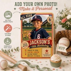 Puede incluir: Una invitación de cumpleaños personalizada con temática de béisbol que muestra la foto de un niño con camiseta azul marino número 6, el texto Jackson's 6th Birthday, 29 de agosto de 2026, y detalles de la fiesta en 123 Any Street, MVP City, TX.