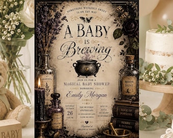 Puede incluir: Una invitación rectangular para baby shower con estética vintage, un caldero negro central, una mariposa y el texto A BABY IS BREWING, JOIN US FOR A MAGICAL BABY SHOWER HONORING EMILY MORGAN, además de los detalles del evento.