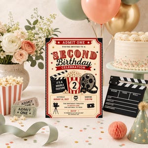 May include: A rectangular invitation card with a cream background and red border featuring the text ADMIT ONE, SECOND BIRTHDAY CELEBRATION, IT'S A DOUBLE FEATURE, and event details. Graphics include a movie clapperboard, popcorn, and film reel.