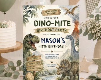 May include: A dinosaur-themed birthday party invitation card featuring a T-Rex, a long-necked dinosaur, and a triceratops. The text reads: STOMP, CHOMP AND ROAR! JOIN US FOR A DINO-MITE BIRTHDAY PARTY TO CELEBRATE MASON'S 5TH BIRTHDAY!