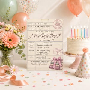May include: A rectangular birthday invitation card designed like a library checkout card with text reading A New Chapter Begins, featuring a stack of books with a pink bow, a library stamp, and lines for event details including date, time, and location.